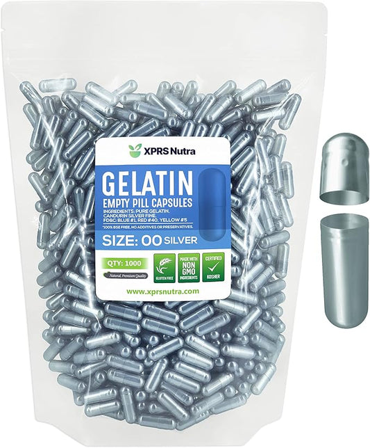XPRS Nutra Size 00 Empty Capsules - 1000 Count Empty Gelatin Capsules - Pill DIY Capsule Filling - Fillable Pills Gel Caps for DIY Supplements (Silver)