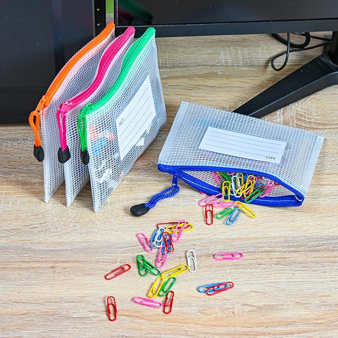 AUSTARK Plastic Mesh Zipper Pouch, 12Pcs Zipper File Bags with Label Pocket, Game Boards Storage Bags, Waterproof Document Storage Bags for Office Home Travel Cosmetic (A6 Size 6.3x4.7 in)