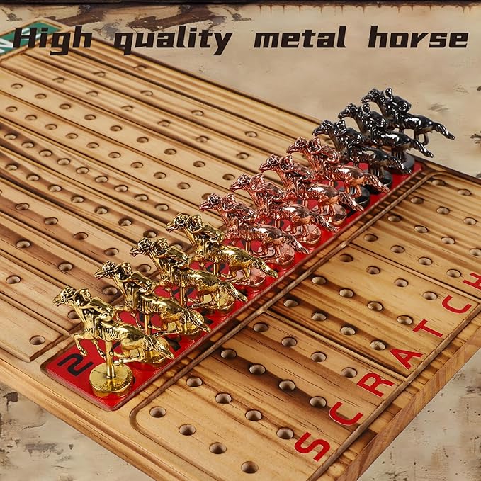 HOROW Horse Racing Board Game Solid Wood Horse Race Card and Dice Board Game Luxury Edition Set with 11 Metal Horses,100 Poker Chips,2 Dices and 2 Boxes of Cards, 15 Inch Light Flame