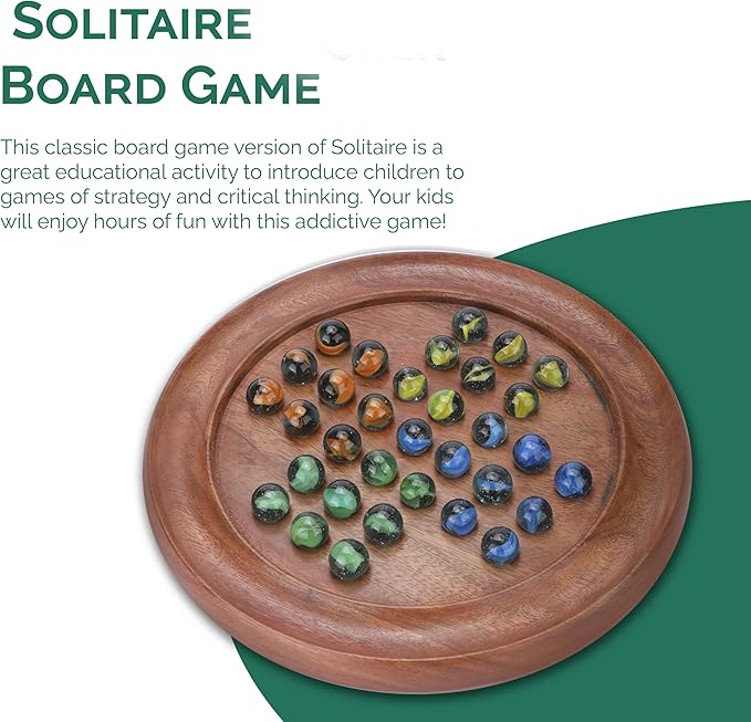 Ajuny Classic Solitaire - Handcrafted Wooden Board Game with 4-Color Marbles, Vintage Indian Design - Ideal for Family Fun & Home Decor