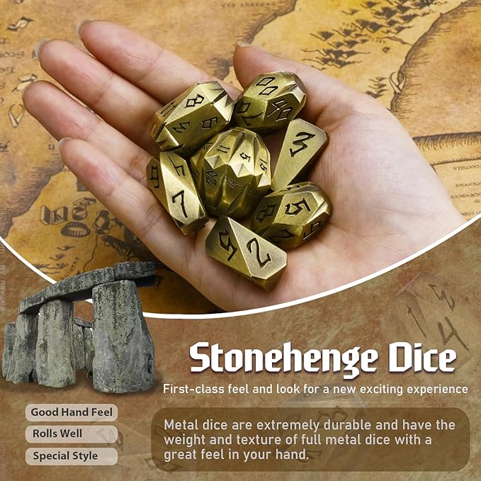 Metal Dice Set for DND, ZHOORQI 7 Pcs Polyhedral Dice, Perfect for Dungeons and Dragons, RPG Role Playing Games - Unique Cool Dice with Stonehenge Themed Design for Games Gifts(JS-Bronze)