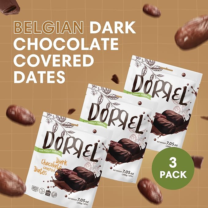 DORREL - Belgian Dark Chocolate Covered Medjool Dates, High Energy Vegan Choco Snack Delicious, Kosher & Non-GMO, Pack of 3 Chocolate Covered Dates, 7.05 oz / 200 g Ea