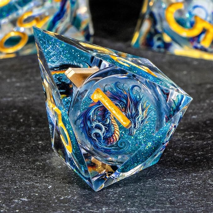 OUKELANWO Liquid Core Dragons Stickers DND Dice Set D&D, 7Pcs Dungeons D and D Role Playing Dice with Gift Box, Resin Sharp Edge Dice D20 D12 D10 D8 D6 D4, Blue Gold