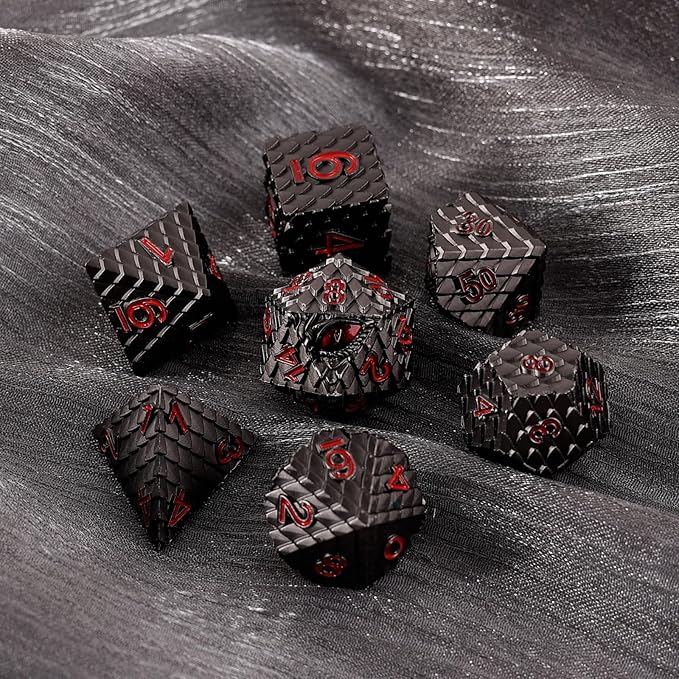 Metal Dice Set D&D,7 PCS Dragon Scale Metallic DND Dice Set,Dragon Eye Metal Dice with Gift Metal Box for Dungeons and Dragon Tabletop Game (Black Dragon Scale & Red Eye)