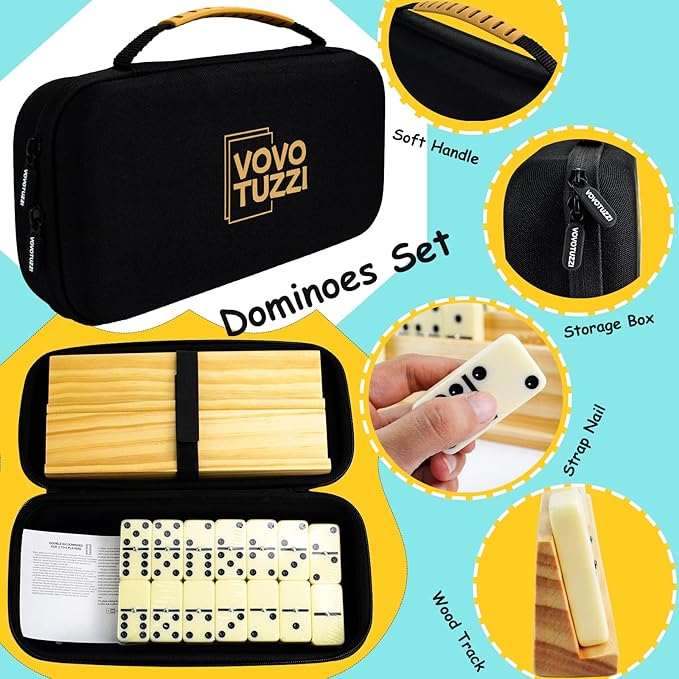 Dominos Set for Adults, Dominoes Set Double 6, Dominos for Kids, 28 Tiles, with 4 Wooden Racks/Tracks, Dominoes Set for Adults and Kids, with Travel Case - Classic Board Games for Family