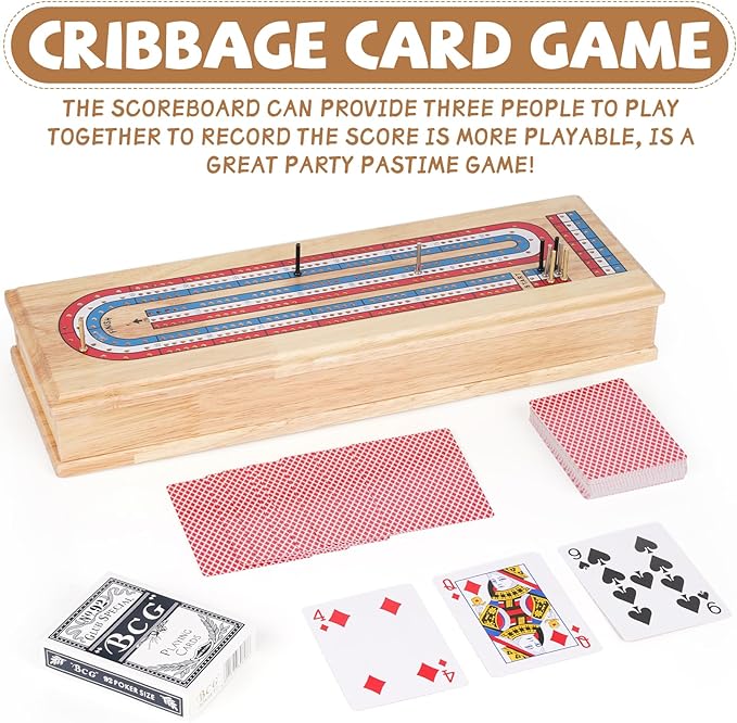 Wooden Cribbage Board Game Set, Premium Wooden Board with with Storage Drawer and Metal Pegs, Strategy Card Game Cribbage - Travel Portable Cribbage Game Sets for Family