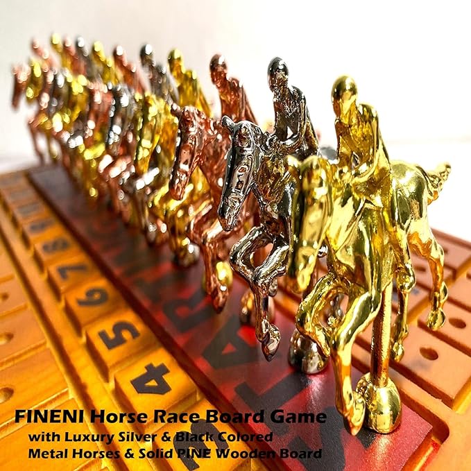 Horse Racing Game for Adults - 11 Luxurious Metal Horses (Silver, Black, Rose Gold), 16" Dark Pine Wood Race Board, Dice & Card Included (Dark Color)