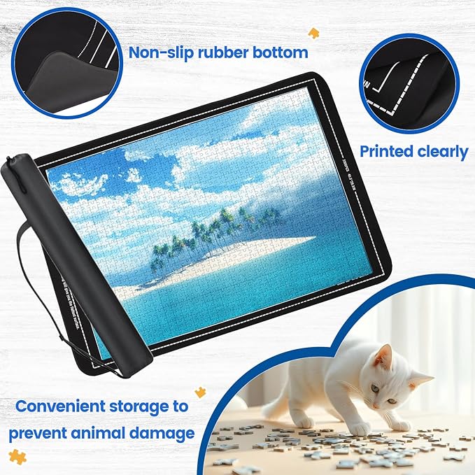 Jigsaw Puzzle Mat Roll Up, Portable Saver Pad 53” x 35” Up to 3000 Pieces, Puzzle Matt Rollup with Non-Slip Rubber Bottom & Smooth Top. (6 Sorting Trays & 1 Storage Bag)