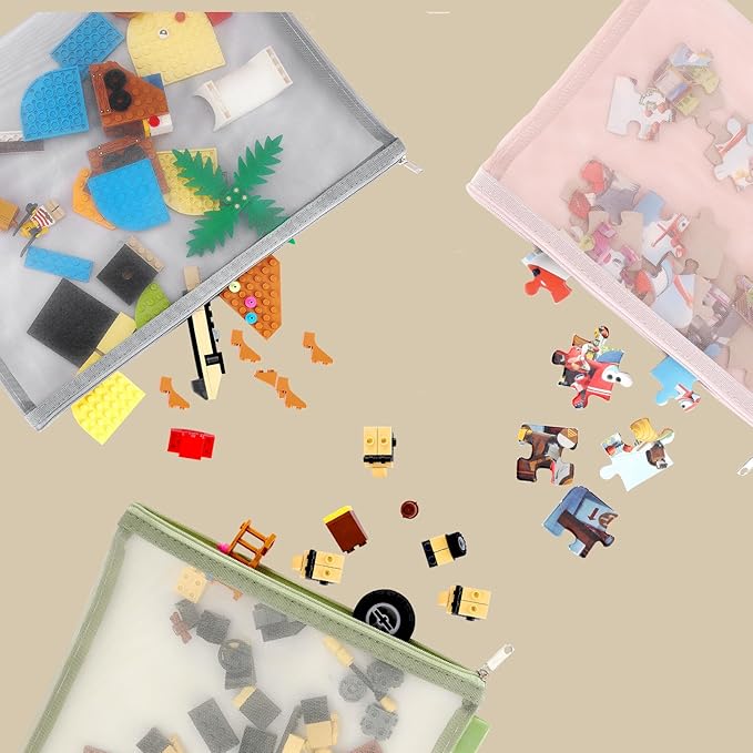 20 Pack Colored Mesh Zipper Pouch Bags, Nylon Puzzle Building Block Sets Toy Storage and Organization, Breathable See Through(10Pcs A4+10Pcs A5) Zipper Pouch with Handle for Games