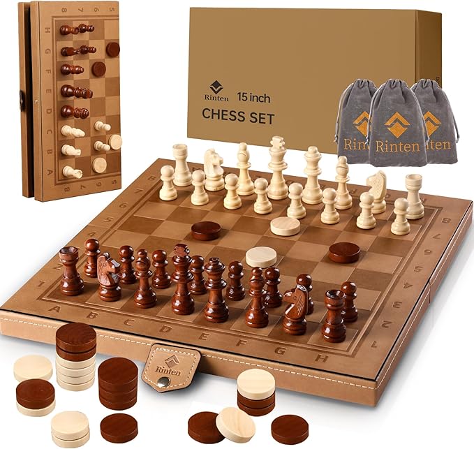 15" Magnetic Chess Set & Checkers Set 2 in 1,Rinten Leather Portable Travel Chess Board Game Sets with Velvet Bag Packaging Beginner Large Chess Set for Kids and Adults