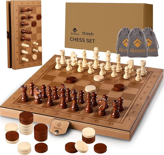 15" Magnetic Chess Set & Checkers Set 2 in 1,Rinten Leather Portable Travel Chess Board Game Sets with Velvet Bag Packaging Beginner Large Chess Set for Kids and Adults
