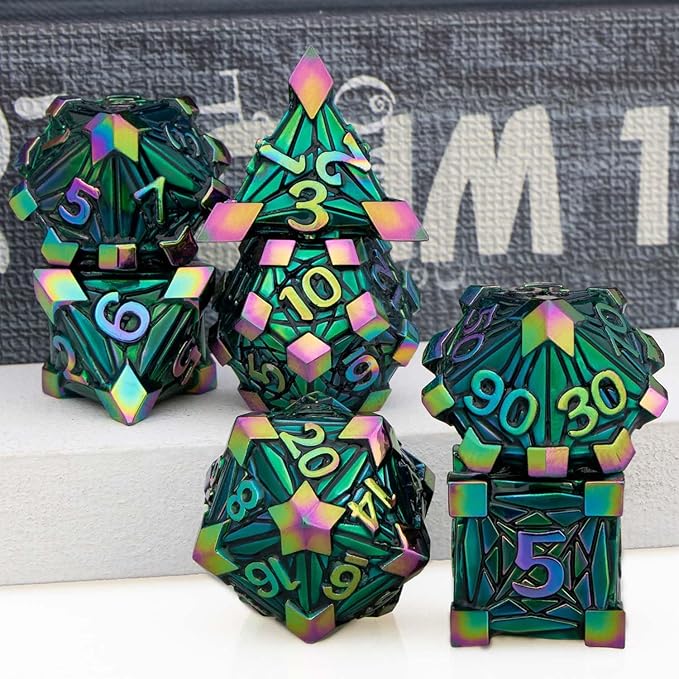 7PCS Metal DND Dice Set with Box, Debris RPG Red D and D Dice for use with D&D Tabletop Games Role Playing Game Polyhedral Dice Set D20 D12 D10 D8 D6 D4