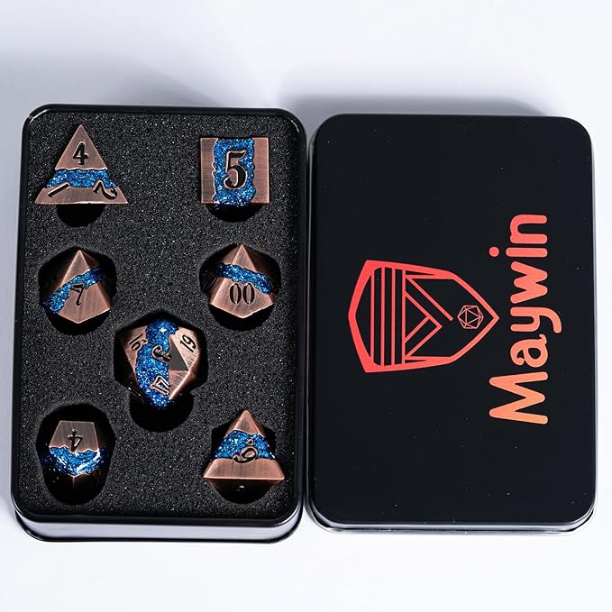 Metal DND Polyhedral Dice,Large Stripe Glitter Metallic Dice Set,Antique Silver Dice 7pcs Set for Role Playing Games(Antique Copper Blue)