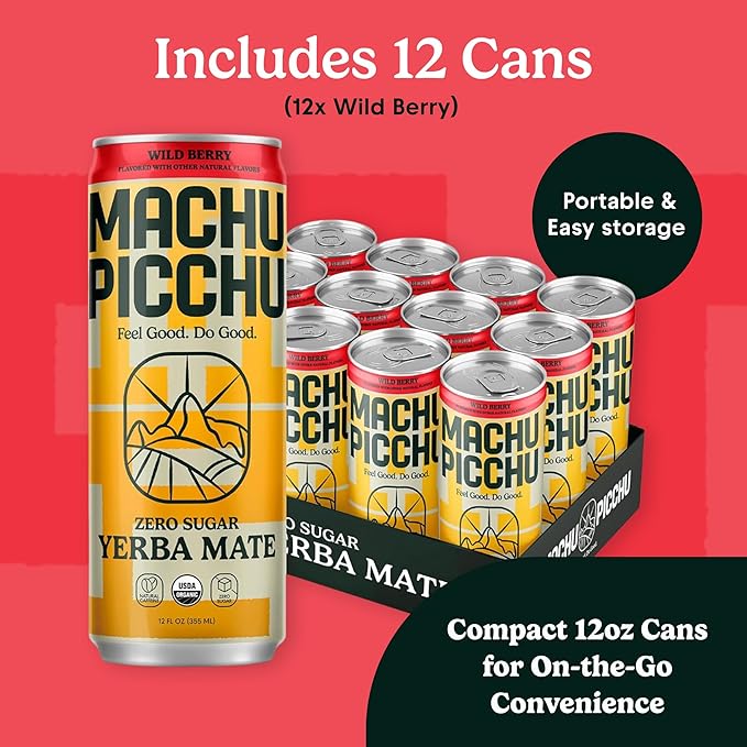MACHU PICCHU ENERGY, Zero Sugar Yerba Mate, Clean Energy Drink Alternative, 12oz (Pack of 12) - 120mg Organic Green Coffee Bean Caffeine, Low Calorie, USDA Organic, No Artificial Flavors (Wild Berry)