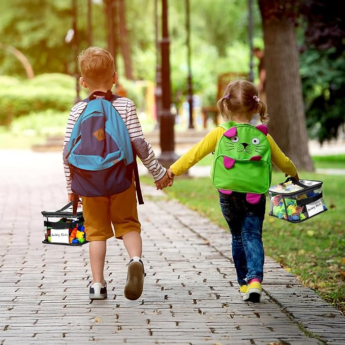 8 Pack Extra Large Clear Toy Storage Bags, Large Capacity Transparent Waterproof PVC Toy Organizing Bags with Name Tag and Manual Pocket for Building Blocks Board Games, Puzzle, Kids Books (Black)