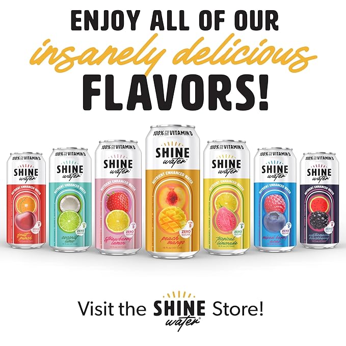 ShineWater Vitamin D Hydration Electrolyte Drink - Flavored water with electrolytes, Sugar-Free, Magnesium, Zinc, Vitamin B12, Plant-Based, Low Calorie - Peach Mango Fruit Water 12 Pack