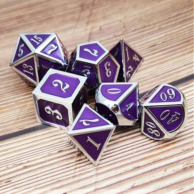 Haxtec Metal DND Dice Purple Silver with PU Leather Dice Bag D&D Dice Set for RPG Dungeons and Dragons Gifts TTRPGs-Silver Royal Purple