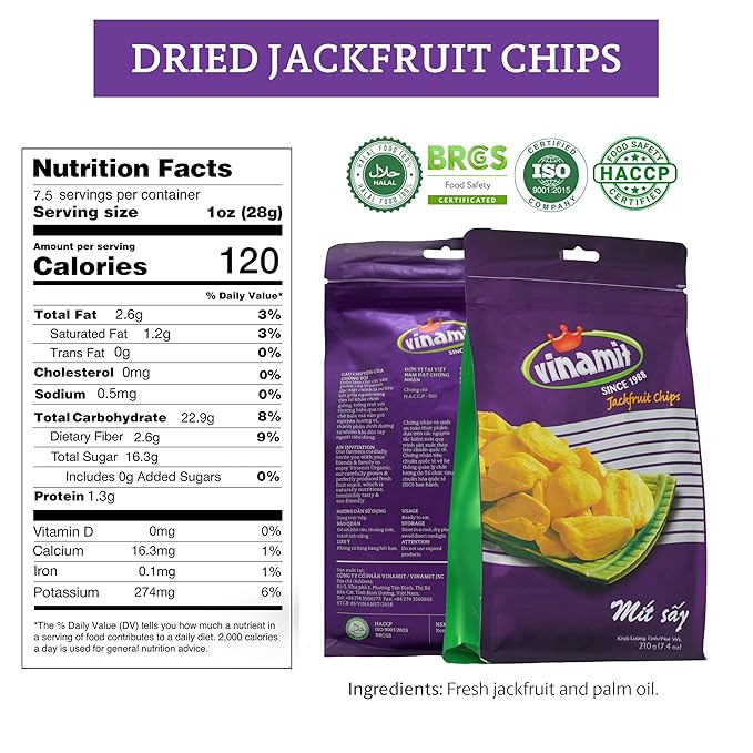 Vinamit Dried Jackfruit Chips | Vacuum Fried Dried Jackfruit | 7.4 oz Bag | Naturally Sweet & Crispy | Gluten-Free, Vegan, Non GMO | High Fiber Snack | Perfect for Gifting, Travel, Clean Eating