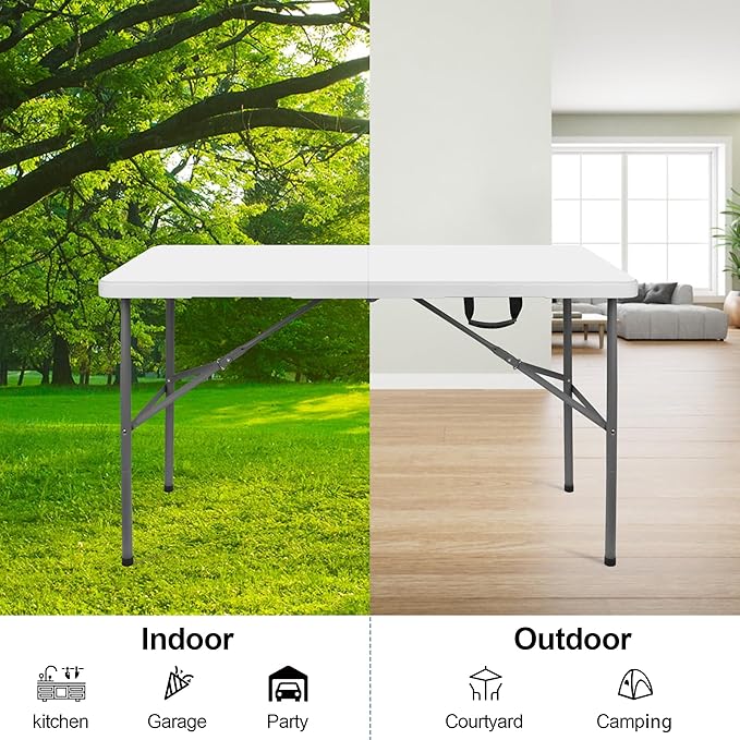 4 ft Plastic Folding Table with Carrying Handle, Straight Legs for Camping, Wedding, Kitchen, Beach - White