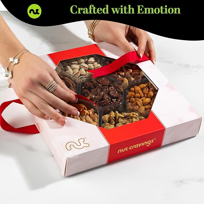 NUT CRAVINGS - Mixed Nuts Gift Basket in Red Gold Box (7 Assortments, 2 LB) Food Arrangement, Healthy Snack Care Package, Kosher