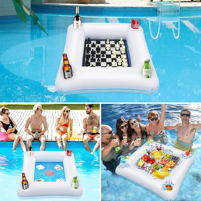 Floating Pool Game Table with Playing Cards - Inflatable Pool Party Tray Float with Foldable Chess Board - Mostop Floating Card Game Table - Pool Float Food Drink Holder for Hot Tub Beach Summer Party