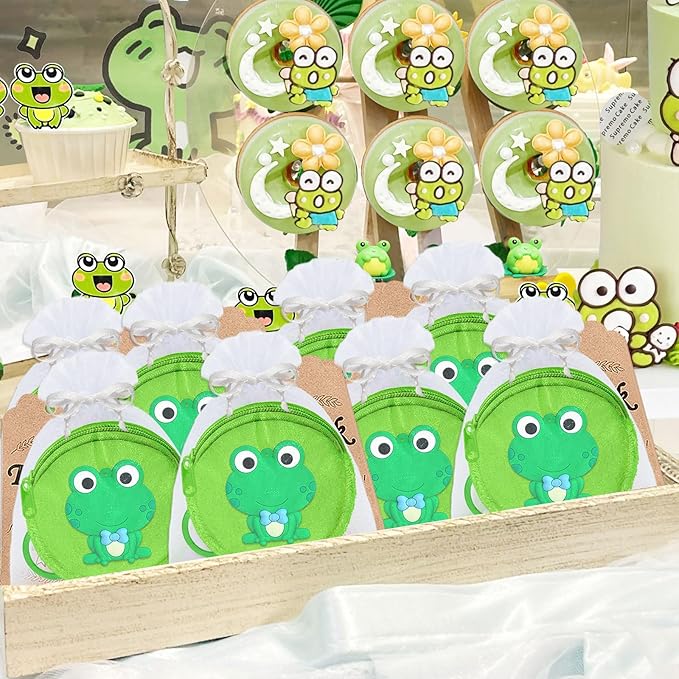 15 Pack Frog Mini Coin Purses with Keyring for Green Frog Lover,Baby Shower,First Birthday Reptile Camping Decoration,Green