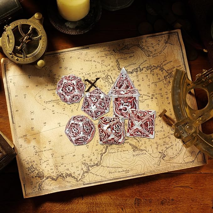 DND Dice,Hollow D&D Metal Dice,Dungeons and Dragons Dice Set with Gift Box,7 PCs Steampunk Polyhedral Dice Games Set for RPG,MTG,Pathfinder(Dragon red 1)