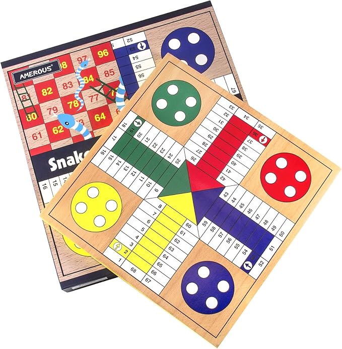 AMEROUS 12 inches Wooden Ludo Board Game - Snakes and Ladders, 2 in 1 Reversible, 1-4 Players Family Dice Games Set for Kids, Adults, Classics Tabletop Version (Gift Box Packed)