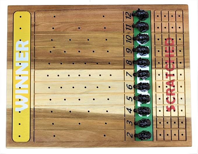 Metal Horse Race Board Game Set with Horse Racing Thick & Solid Wood Game Board, 11 Luxurious & Durable Classic Black Colored Metal Craft Horses, Dice and Cards for Horseracing (HR-652)