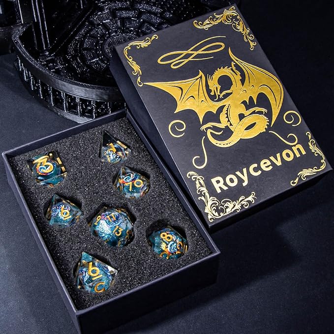 Dragon Pattern Liquid Core DND Dice Set, 7Pcs Sharp Edge Dice with Gift Box, Resin Blue Dungeons Dragons D and D Role Playing Dice D20 D12 D10 D8 D6 D4