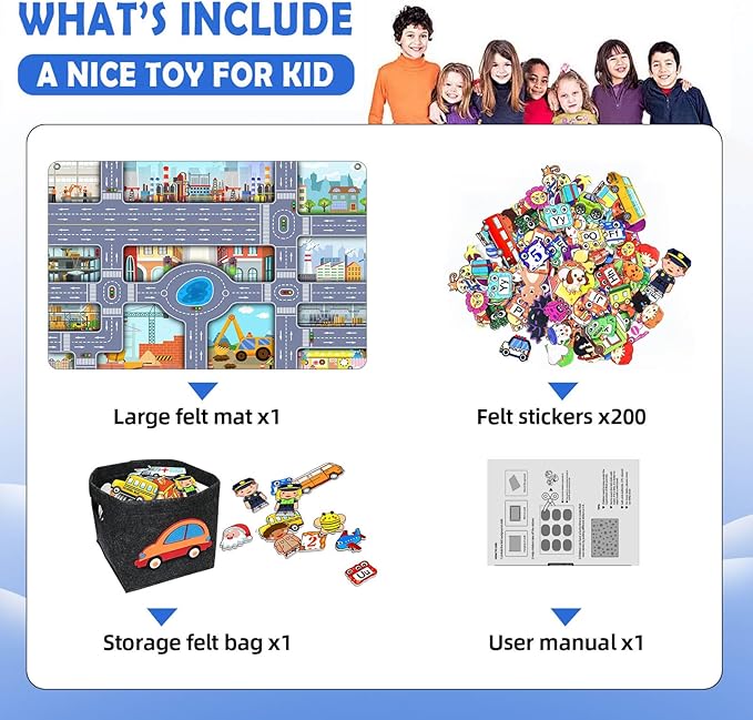 200 PCS Felt Board Story Set for Toddlers with Storage Bag City Traffic Themed Flannel Sensory Board Wall Interactive Storytelling Teaching Play Activity Kits 40x28 inch(Lightgrey)