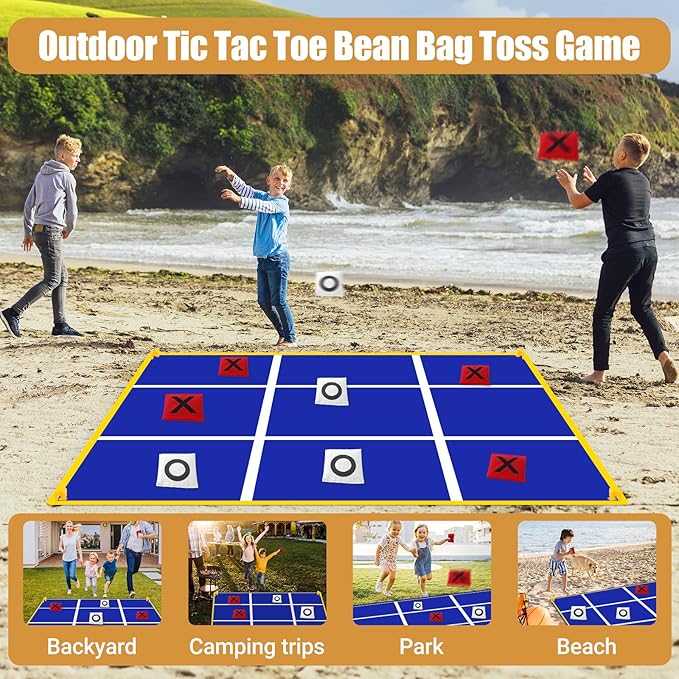 2-in-1 Outdoor Games Large Bunny Egg Bean Bag Toss & Giant Tic Tac Toe 4.5Ft, Double-Sided Lawn Yard Game for Kids Adults, Easter Party, Camping Backyard Carnival Field Day, Family Reunion Fun