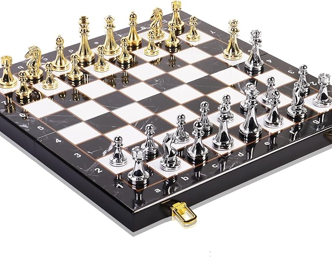 Metal Chess Set for Adults and Kids, 15''Large Marbling Chess Board with Storage –2 Extra Queens and 32 zinc Alloy Metal Pieces with a Sense of Weight,Folding Portable Travel Unique Chess Sets Game