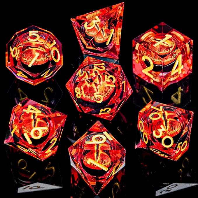 ARUOHHA DND Resin Dice Gazes Eye Dice Liquid Core Flaming RPG Sharp Edged Dice Set with Gift Box, Polyhedral D and D Dice Set Compatible with Dungeons Dragons Role Playing Game D20 D12 D10 D8 D6