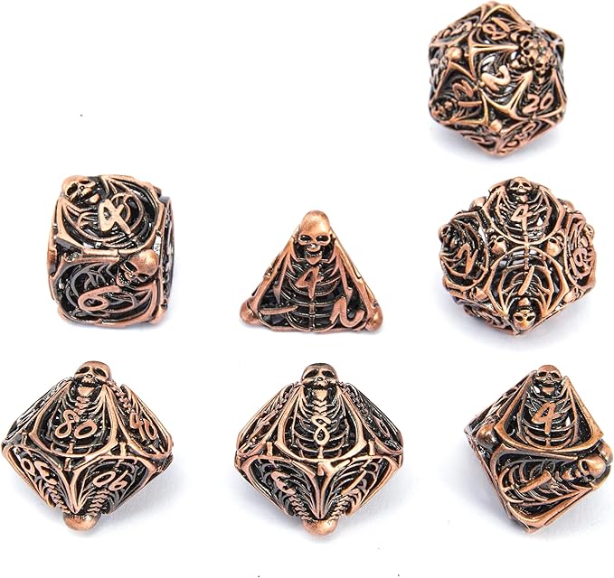 Metal Skull Dice Set Hollow Multi-Sided Dungeons & Dragons Dice 7CPS Role-Playing Dice Set with Flannel Bag Suitable for D&D Board Game Cards(Antique red Copper)