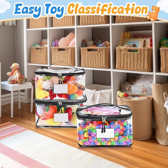 Aliceset 8 Pack 13.5 inch Extra Large Clear Toy Storage Bag with Name Tag Pocket Reusable Clear PVC Board Game Storage Travel Waterproof Bags with Zipper for Building Blocks Puzzle Books