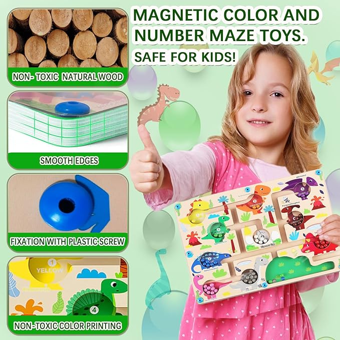 Mom&myaboys Toddler Montessori Wooden Puzzle Activity Board for 3-6 Year Old - Fine Motor Skills Maze Toys, Number and Color Maze Board - Dinosaur Gifts