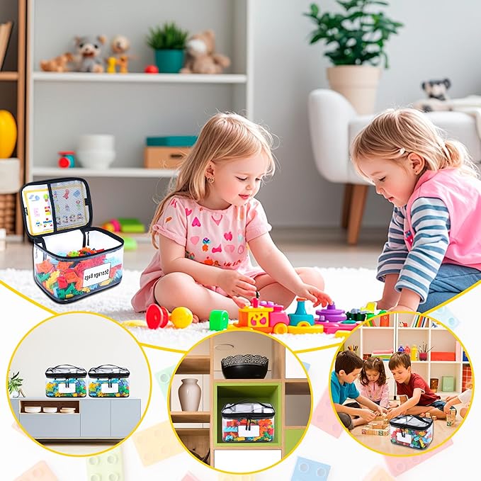 6 Packs Toy Storage Bags with Manual Pocket, Reusable Clear PVC Board Game Storage, Travel Waterproof Storage bag organizer with Zipper for Building Blocks, Board Game, Puzzle, Books