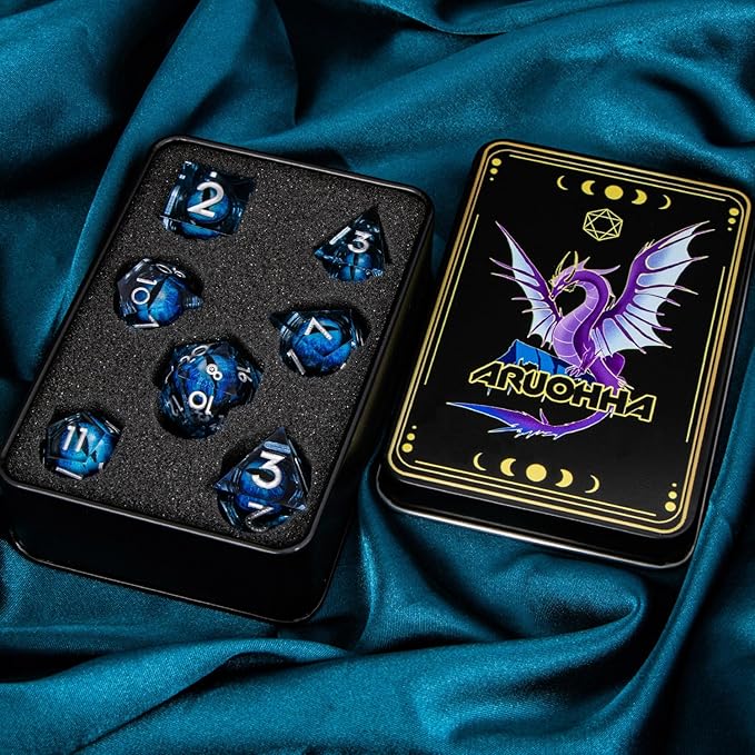 ARUOHHA DND Resin Dice Dragon Eye Dice Liquid Core Blue Sharp Edged Dice Set with Gift Box, Dungeons Polyhedral D and D Dice Set Compatible with D&D Role Playing Game D20 D12 D10 D8 D6 D4