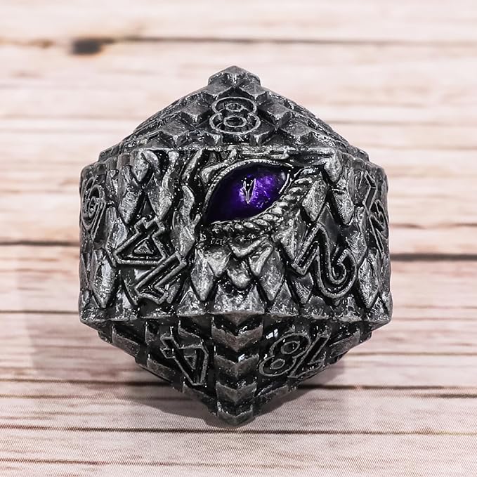Metal Dice Set D&D,7 PCS Dragon Scale Metallic DND Dice Set,Dragon Eye Metal Dice with Grogeous Gift Case for Dungeons and Dragon Tabletop Game (Old Grey Dragon Scale & Purple Eye)