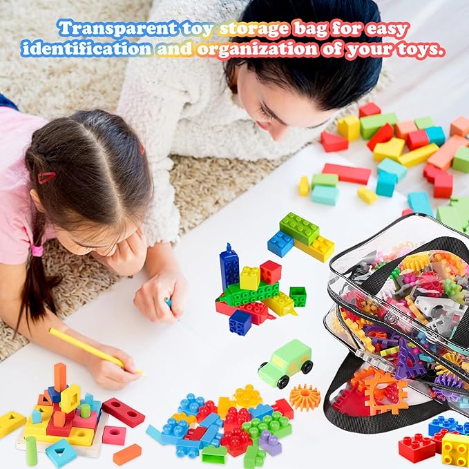 AOBOPLE 6 Pack Toy Storage Bags with Zipper, Reusable Clear Toy Organizer Bags with Labels PVC Board Game Storage for Travel Organizer Building Blocks, Puzzle,6 Colors (11.8x8.7x3.9in)