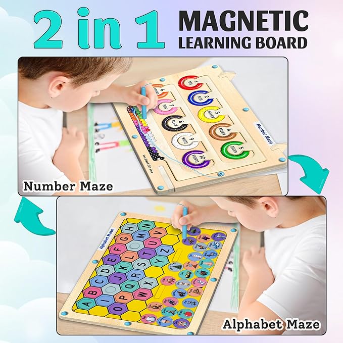 2 in 1 Double Side Magnetic Color and Number Maze, Montessori Alphabet Maze Board Toddlers toys for 3+ years old, Magnet Puzzle Learning Counting Color Matching Toy Gifts for kids Girls Boys