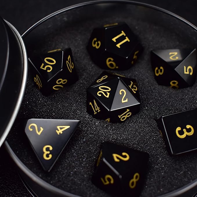 Gemstone DND Stone Dice Sets D&D 7 Pcs Polyhedral Dice Set Handmade Obsidian Gem Stone Dice Set Natural Gemstone Dice Sets with Metal Case for Dungeons and Dragons RPG MTG Tabletop Games