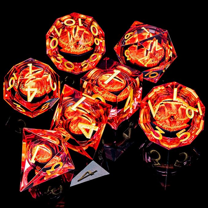 ARUOHHA DND Resin Dice Gazes Eye Dice Liquid Core Flaming RPG Sharp Edged Dice Set with Gift Box, Polyhedral D and D Dice Set Compatible with Dungeons Dragons Role Playing Game D20 D12 D10 D8 D6
