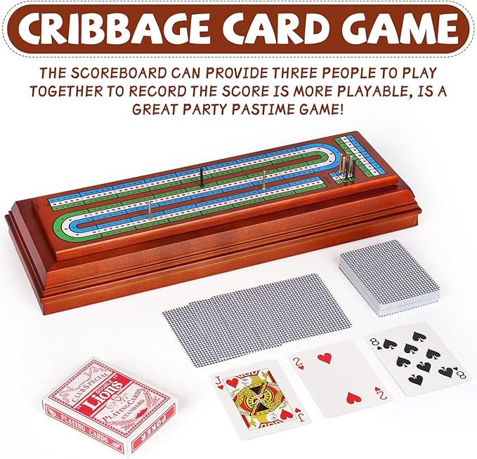 Wooden Cribbage Board Game Set with Large Storage Area, Solid Wood 3 Track Cribbage Board, 9 Metal Pegs, 2 Playing Cards and Instruction. Travel Family Game Night Travel Cribbage Sets for All Ages