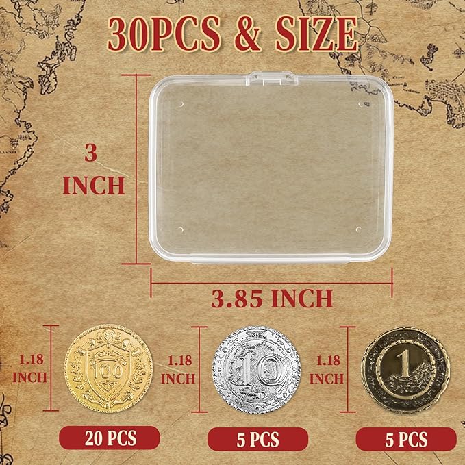 Byhoo 30PCS Metal DND Coins, 1.2" Gold Silver Copper Tokens with Face Value for Board Game and Tabletop RPG, Fantasy Metal Coins for Pirate Game Party Cosplay