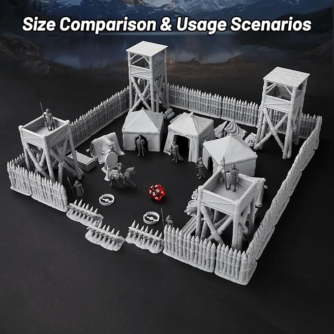 AUSPDICE AF676 Medieval Military Camp RPG Terrain Set for DND Map Building, Compatible with TTRPG Games, Modular Game Pieces with Barricades, Tents, Watchtowers, and Props