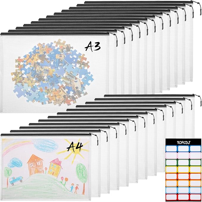 24pcs A4 Mesh Zipper Pouch File Bags, 12pcs Large A3 and 12pcs Letter A4,Black Reusable Zipper Bags for Organizing Storage, Waterproof Puzzle Bag, Board Game Storage and School Office Supplies