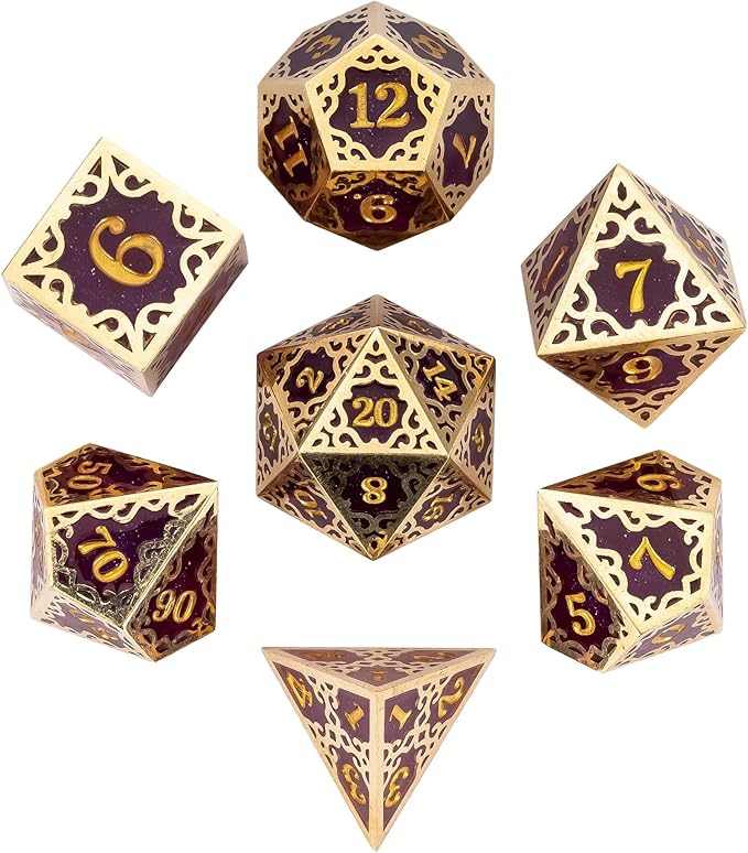 Cusdie 7-Piece Metal Frame Sharp Edges DND Dice Set with Metal Frame- Perfect for Tabletop RPGs Board Games Gifting and Collecting(Purple)