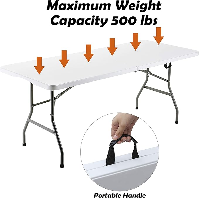 FORUP 6ft Table, Folding Utility Table, Fold-in-Half Portable Plastic Picnic Party Dining Camp Table (White)